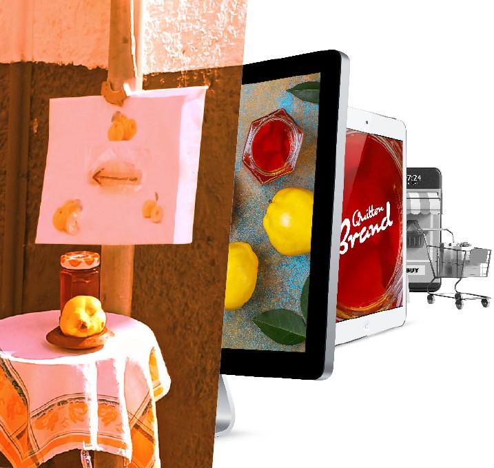 Collage: jam jar, tablet and shopping cart