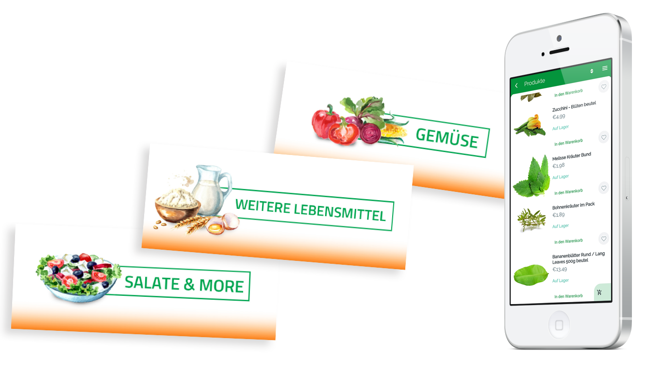 Smartphone with the MMT app and category cards for vegetables, groceries, salads