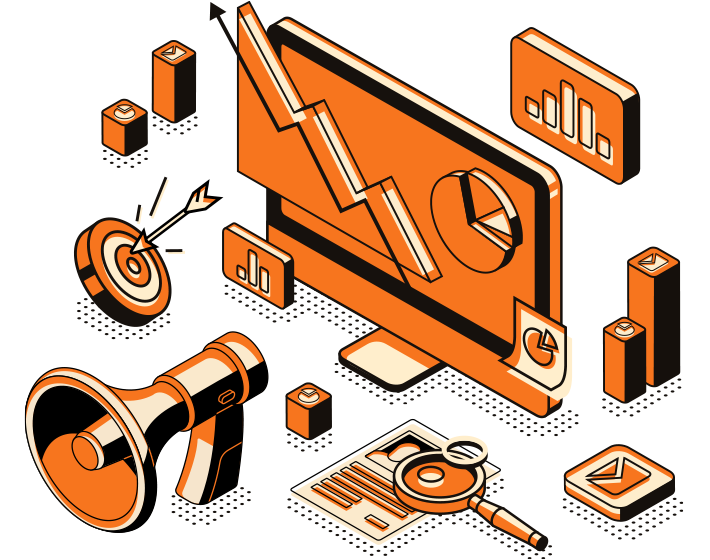 Illustration: screen with rising chart, megaphone, target