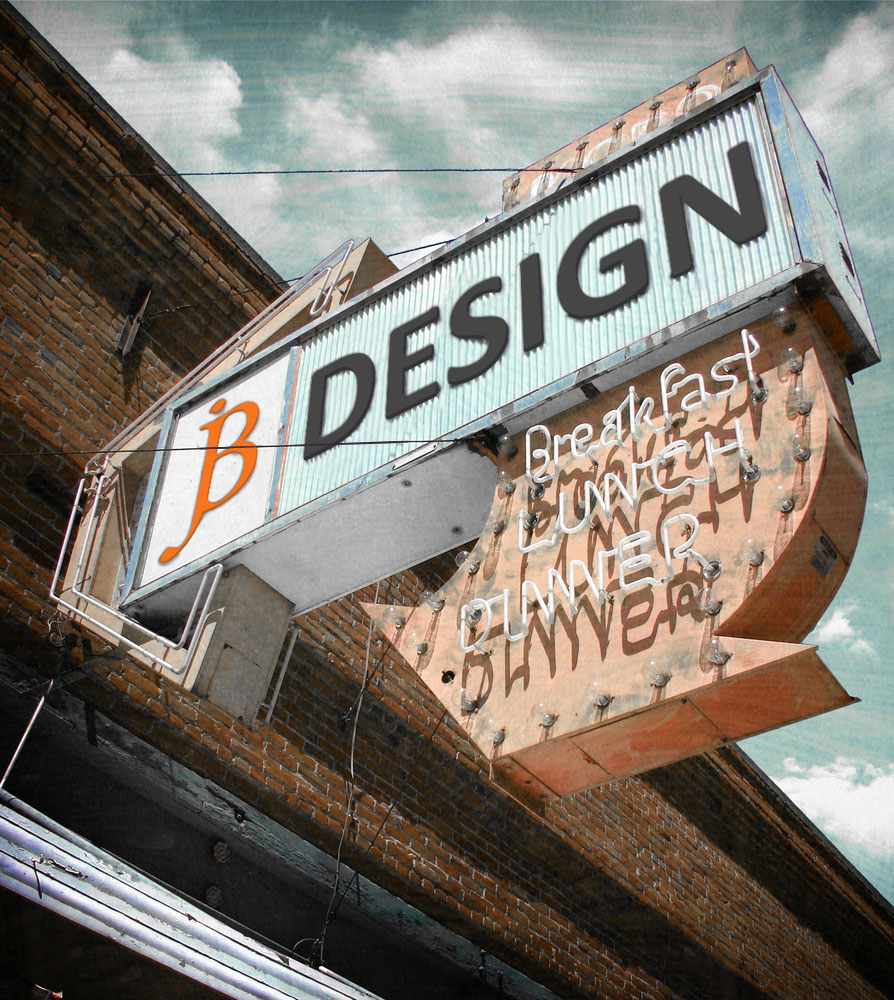 Altes Leuchtschild mit dem JB-Signet und dem Wort DESIGN